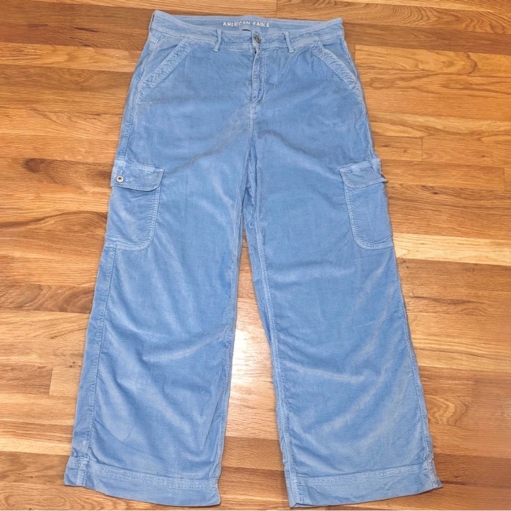 American Eagle Corduroy Wide Leg Cargo Pants Size 16 Blue 90s Baggy